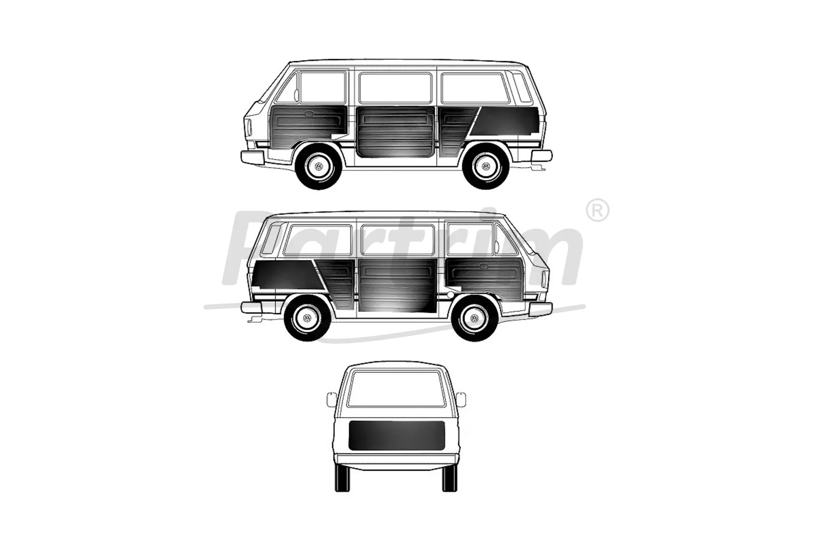 VW T3 T25 BUS 1979-1984 DOOR PANELS 9 PCS BLACK O.P. EARLY STYLE