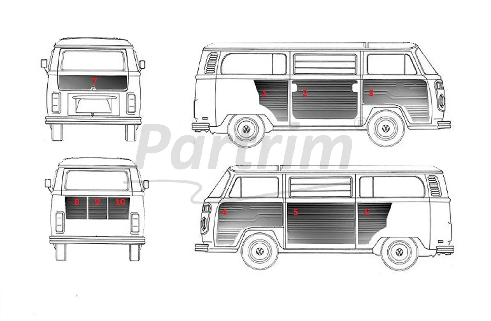 VW T2 BUS INTERIOR SIDE PANEL SET 10 PCS CREAM  08-1970 - 1979  LATE STYLE